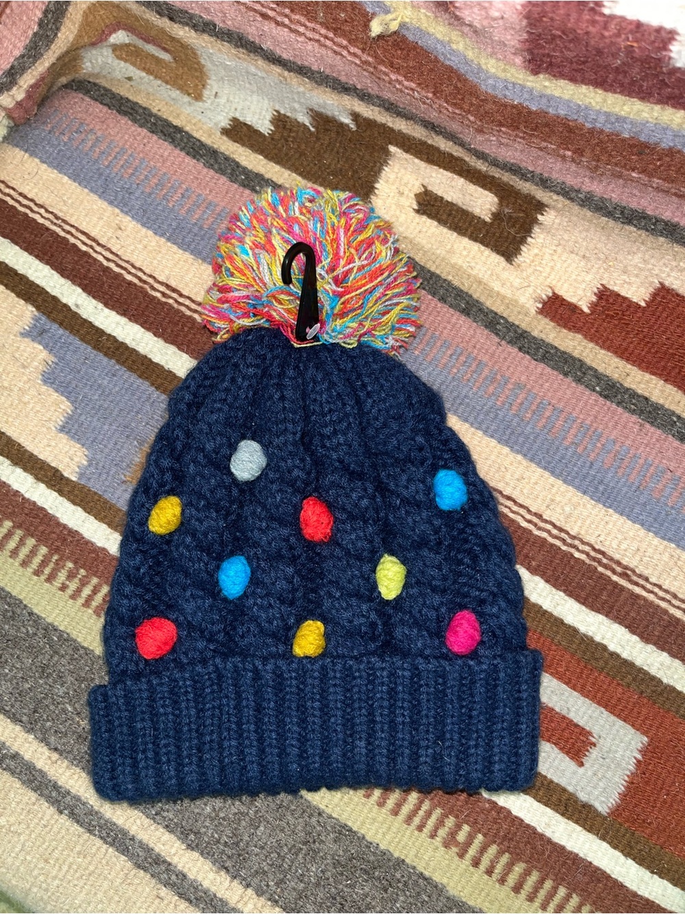 Navy Pom Pom Beanie with Colorful Dots
